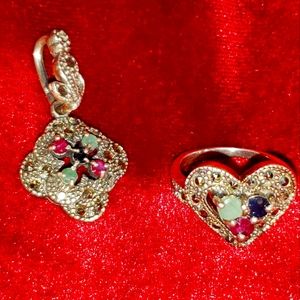 Sterling Silver with Genuine Stone Pendant and Ring Set.